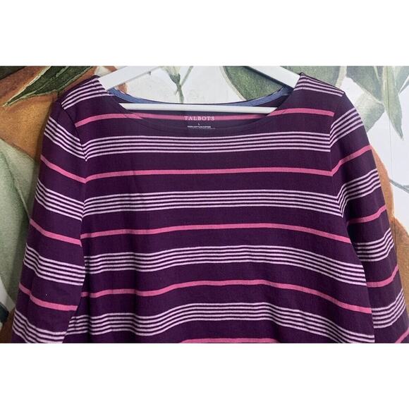 Talbots Large 100% Cotton Boatneck Striped Long Sleeve Shirt Burgundy Red - Picture 2 of 5